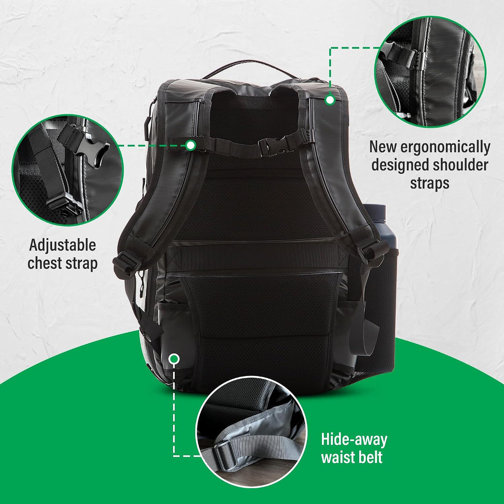 COR Surf Travel Backpack Carry On Backpack for Airplanes - Island Hopper 2.0 Travel Backpack with Clamshell Design | Black with Green Zipper (34L Matte Black)