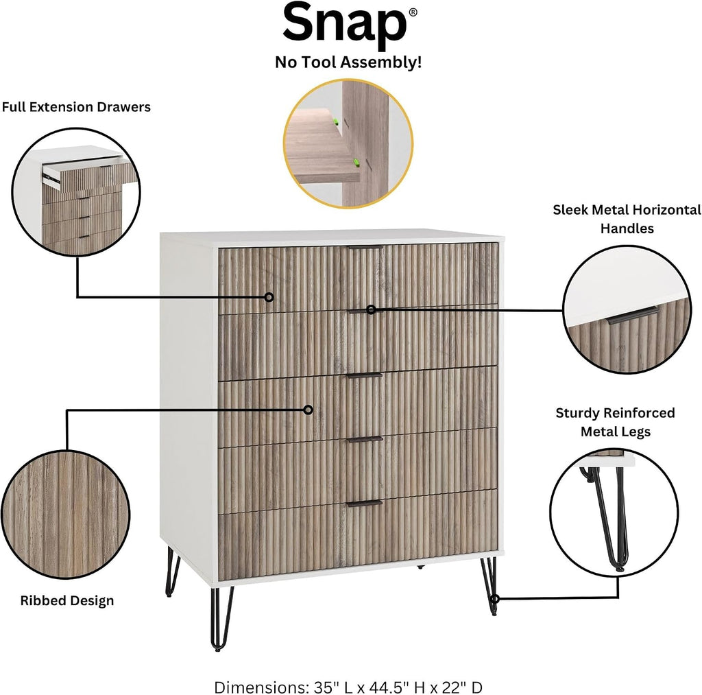 Manhattan Comfort Dumbo 3-Piece Modern Dresser Drawer and Nightstand Set, Tall and Double Low - Vertical Ribbed Design - No Tool Assembly Storage for Bedroom & Living Room, White/Grey