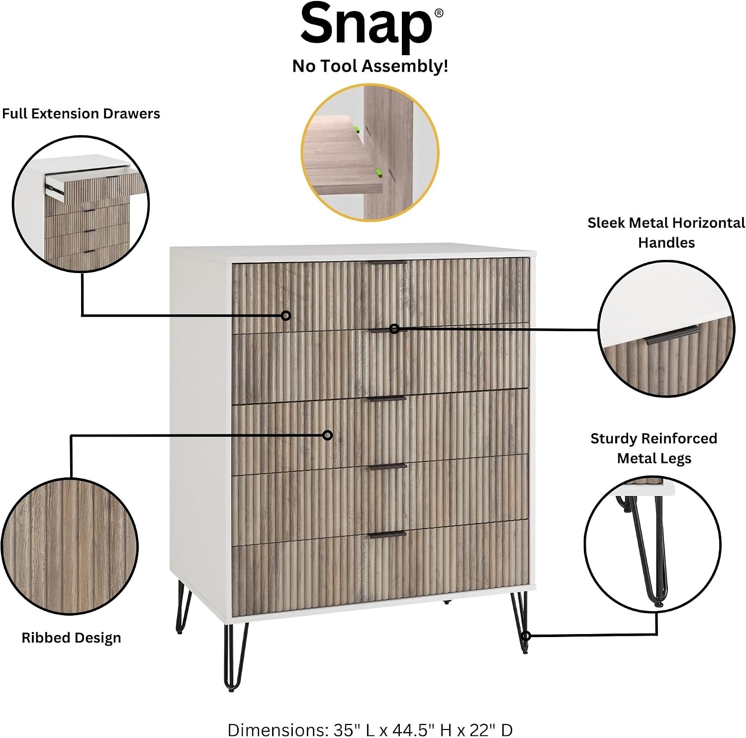 Manhattan Comfort Dumbo 3-Piece Modern Dresser Drawer and Nightstand Set, Tall and Double Low - Vertical Ribbed Design - No Tool Assembly Storage for Bedroom & Living Room, White/Grey