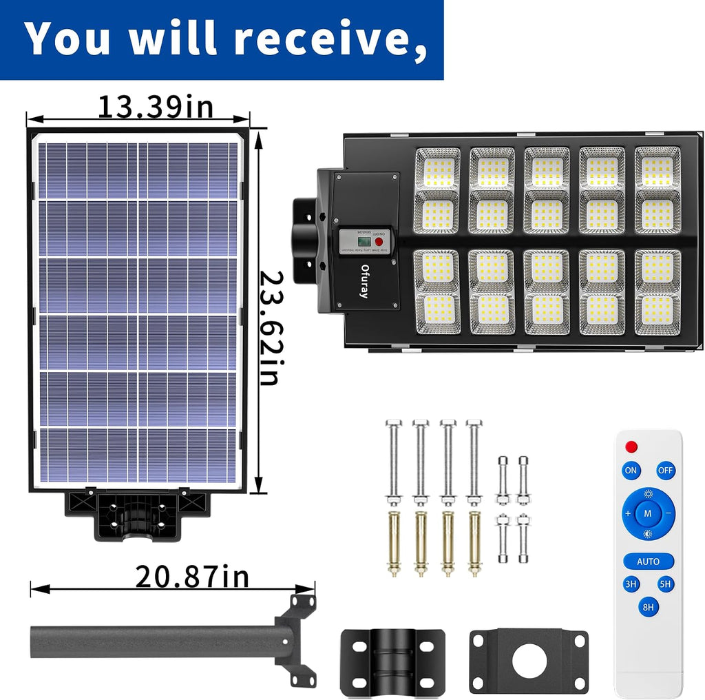 Ofuray Solar Street Lights Outdoor,Solar Security Flood Lights Parking Lot Lights Commercial Dusk to Dawn, 6500k Waterproof Led with Remote Control Motion for Street,Court,Barn (Of-6000W 600000Lm)