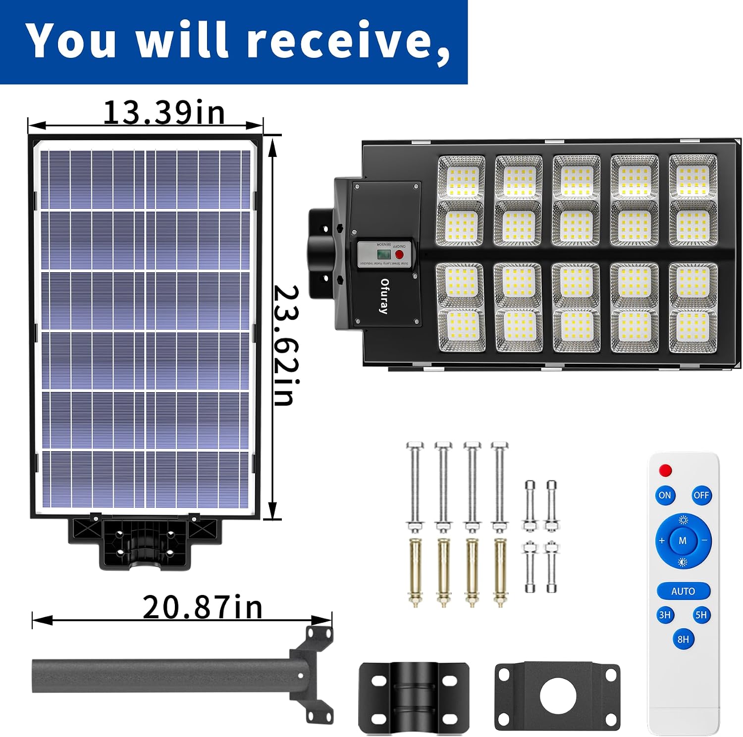 Ofuray Solar Street Lights Outdoor,Solar Security Flood Lights Parking Lot Lights Commercial Dusk to Dawn, 6500k Waterproof Led with Remote Control Motion for Street,Court,Barn (Of-6000W 600000Lm)
