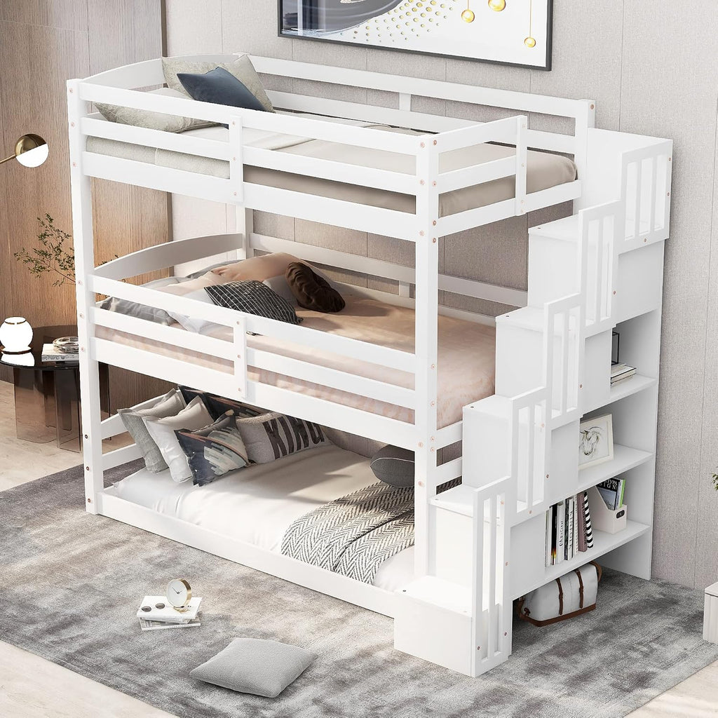 Triple Bunk Bed, Detachable Triple Twin Bunk Bed, 3 Bunk Bed with Storage Staircase, Guardrails, Twin Over Twin Over Twin for Kids, White