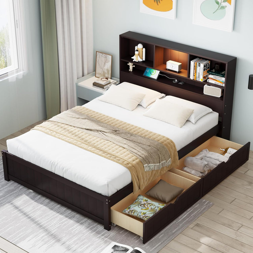 LUMISOL Twin Bed Frames with Charging Station and LED Lights, Wood Platform Bed with Bookcase Headboard and 2 Drawers, No Box Spring Needed, Espresso