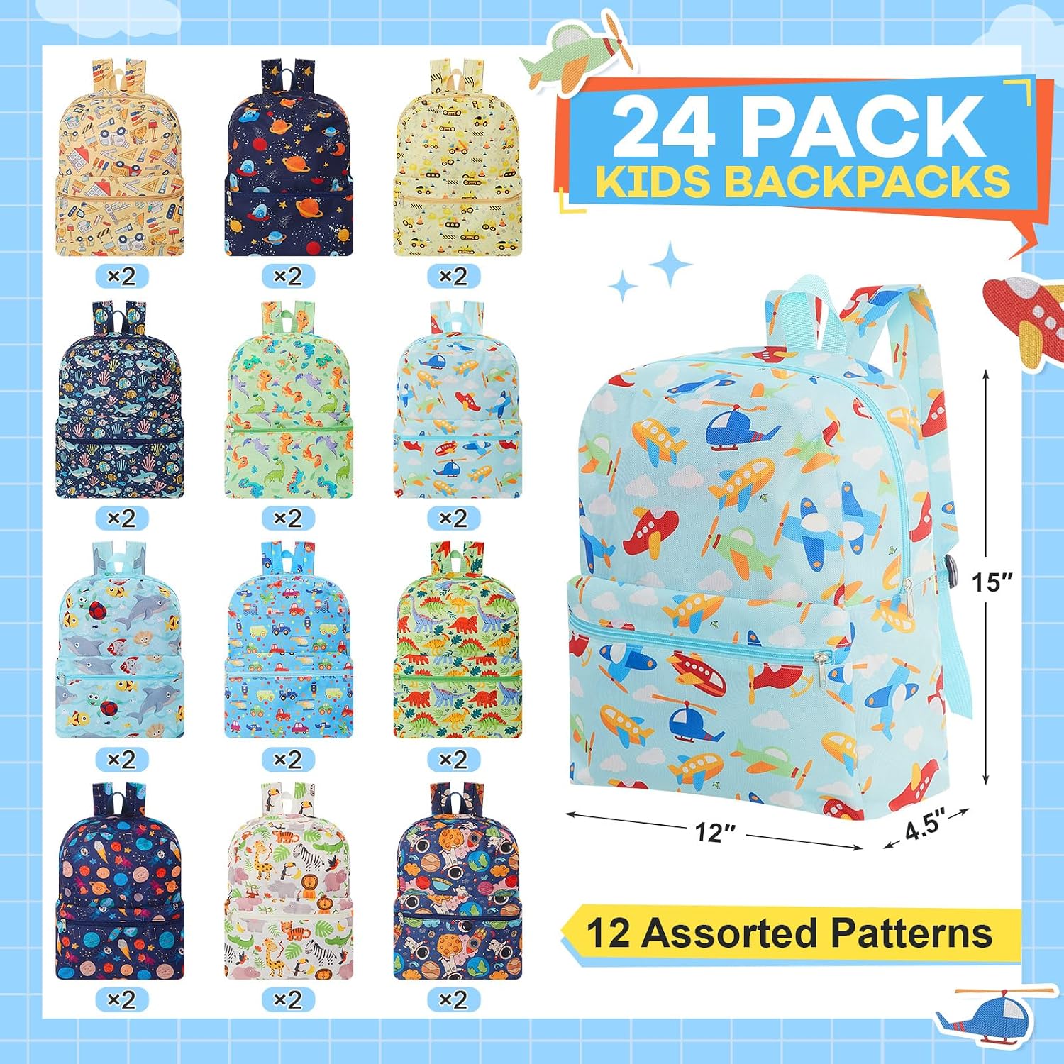 Amylove 24 Pack Backpack Bulk Lightweight Wholesale Backpacks Printed Book Bag in Bulk for Donations Giveaways (15 Inch,Funny Color)