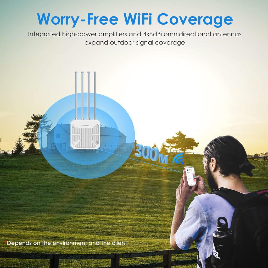 2026 AX1800 Outdoor WiFi 6 Extender Long Range, WAVLINK Outdoor WiFi Access Point with PoE, 4x8dBi High-Gain Antennas, IP67 Weatherproof, Support Up to 256 Devices for Farm, Yard, Patio, RV, Garage