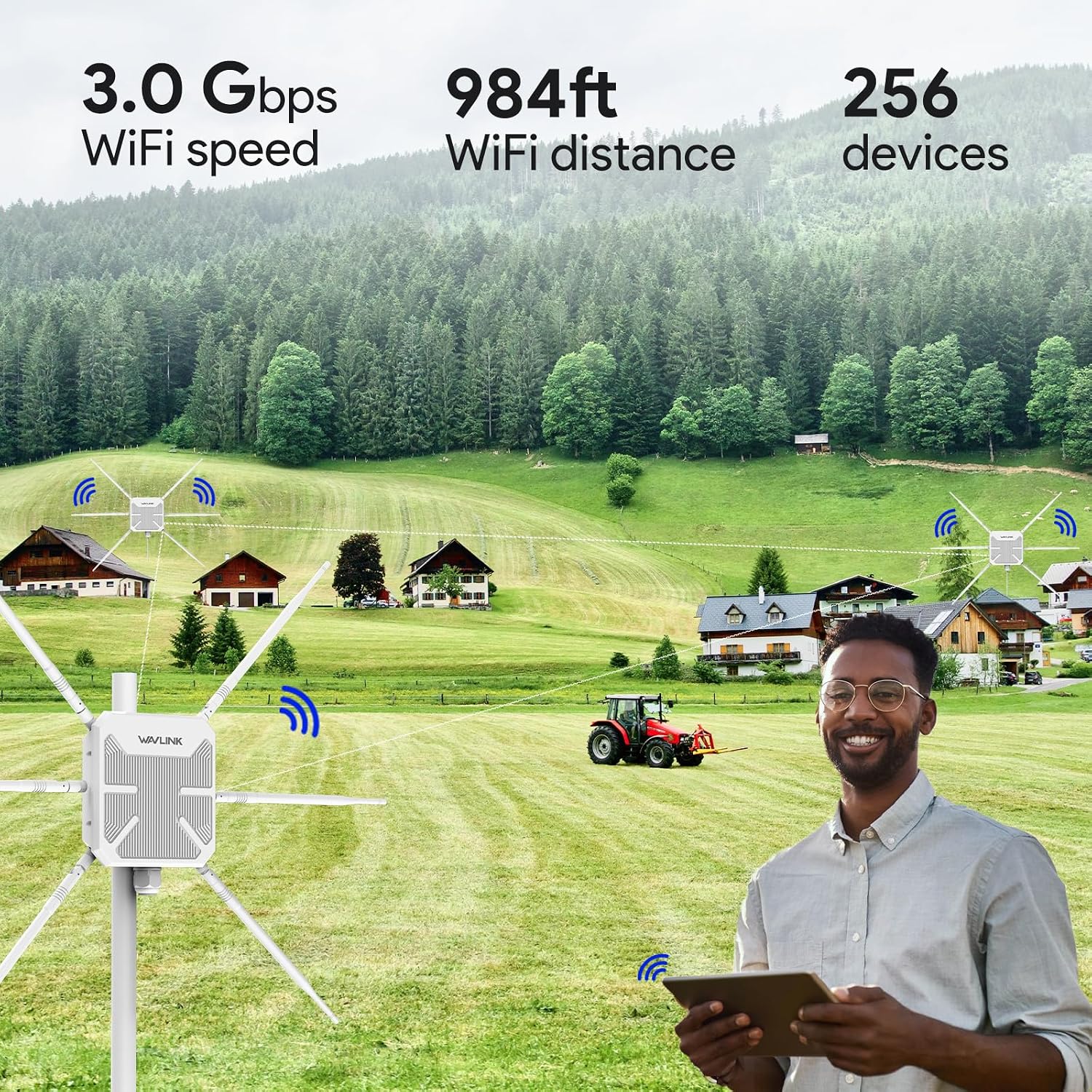 WAVLINK AX3000 Outdoor WiFi 6 Extender, 2026 Long Range Gigabit Wireless Access Point, Dual-Band, 6 x 7dBi High-Gain Antennas, Support Mesh/AP/Repeater Modes, IP67 Weatherproof, Starlink Compatible