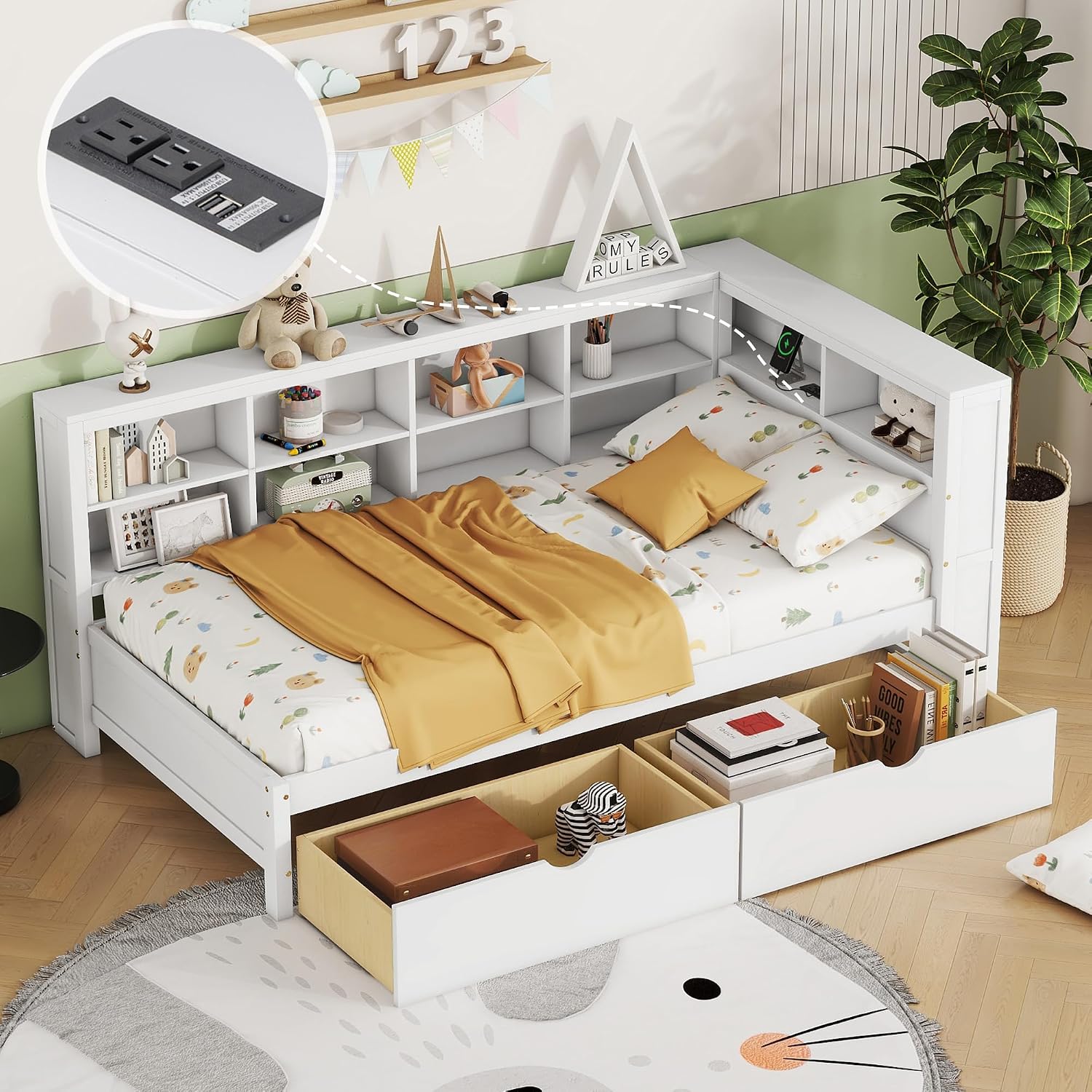 Twin Size Daybed with 2 Drawers,Minimalist Wooden Sofa Bed Frame with Storage Shelf and USB Charging Ports for Bedroom, Studyroom, Guestroom, Livingroom (White-wd56)