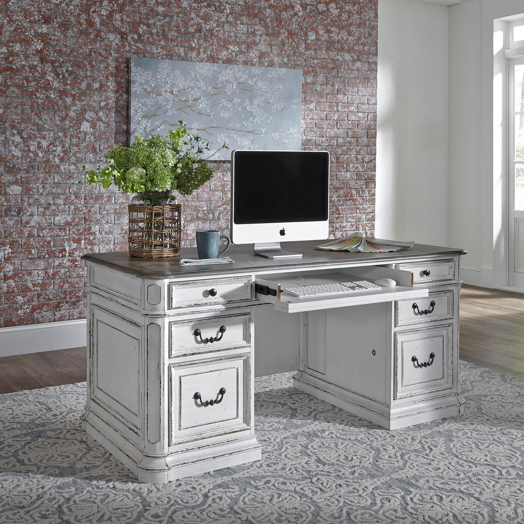 Liberty Furniture Magnolia Manor Complete 5 Piece Desk Set for Home Office - Antique White & Weathered Bark