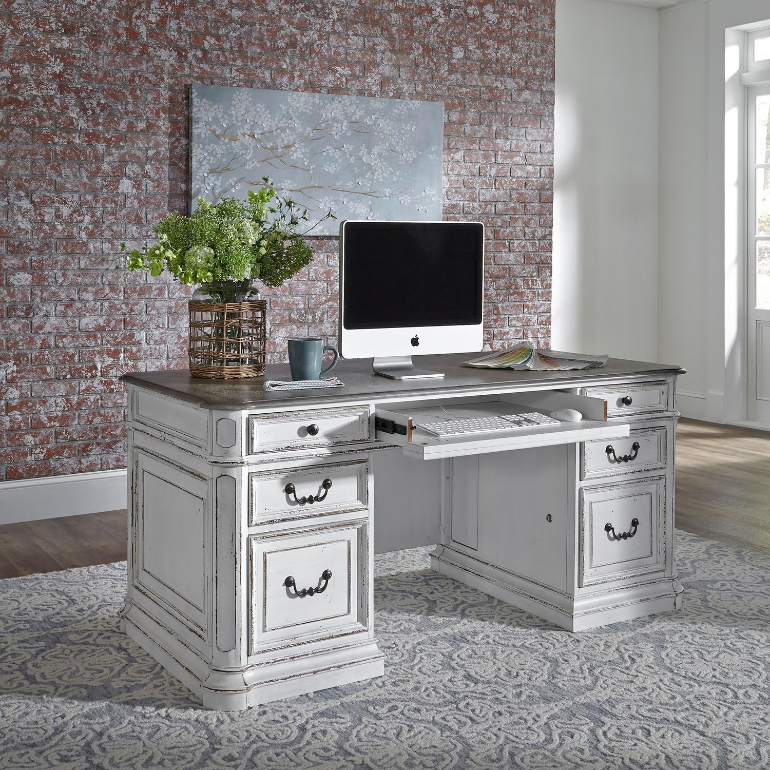 Liberty Furniture Magnolia Manor Complete 5 Piece Desk Set for Home Office - Antique White & Weathered Bark