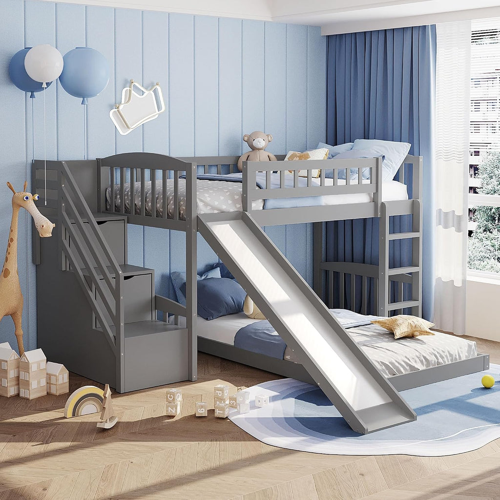 Bellemave Twin Over Twin Stairway Bunk Bed with 2 Storage Drawers and Slide, Pinewood Frame, Full-Length Guardrails, Convertible Ladder Slide Staircase, No Box Spring for Kids Bedroom (Grey)