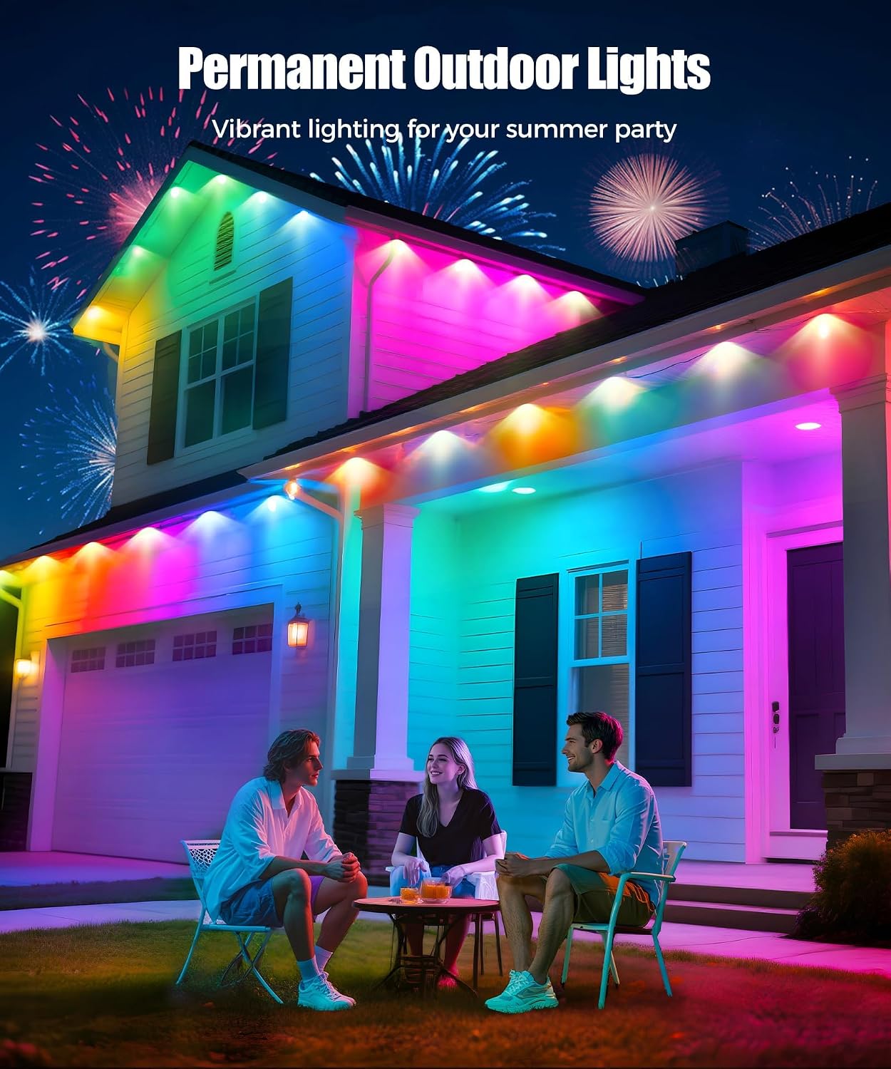 POOFZY Permanent Outdoor Lights for House,100ft RGB+IC Smart Outdoor Decor, 50 Scene Modes,App/Remote Control,IP67 Waterproof,for Christmas,Easter,V-Day,Thanksgiving,Daily & Holiday Party Decor