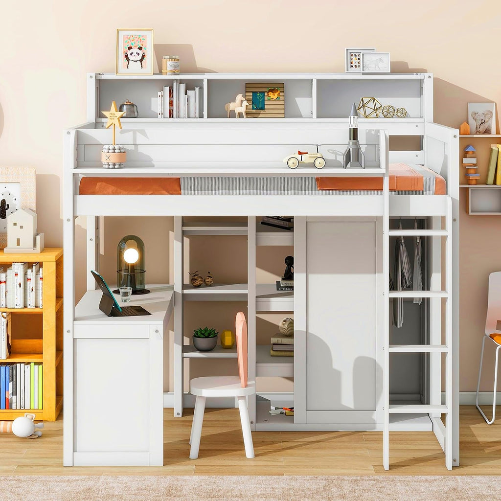 Wood Twin Size Loft Bed with Multiple Built-in Desk,Storage Shelves and Wardrobe,for Kids Boys Girls Teens Adults Bedroom (White@Cabinet, Twin)