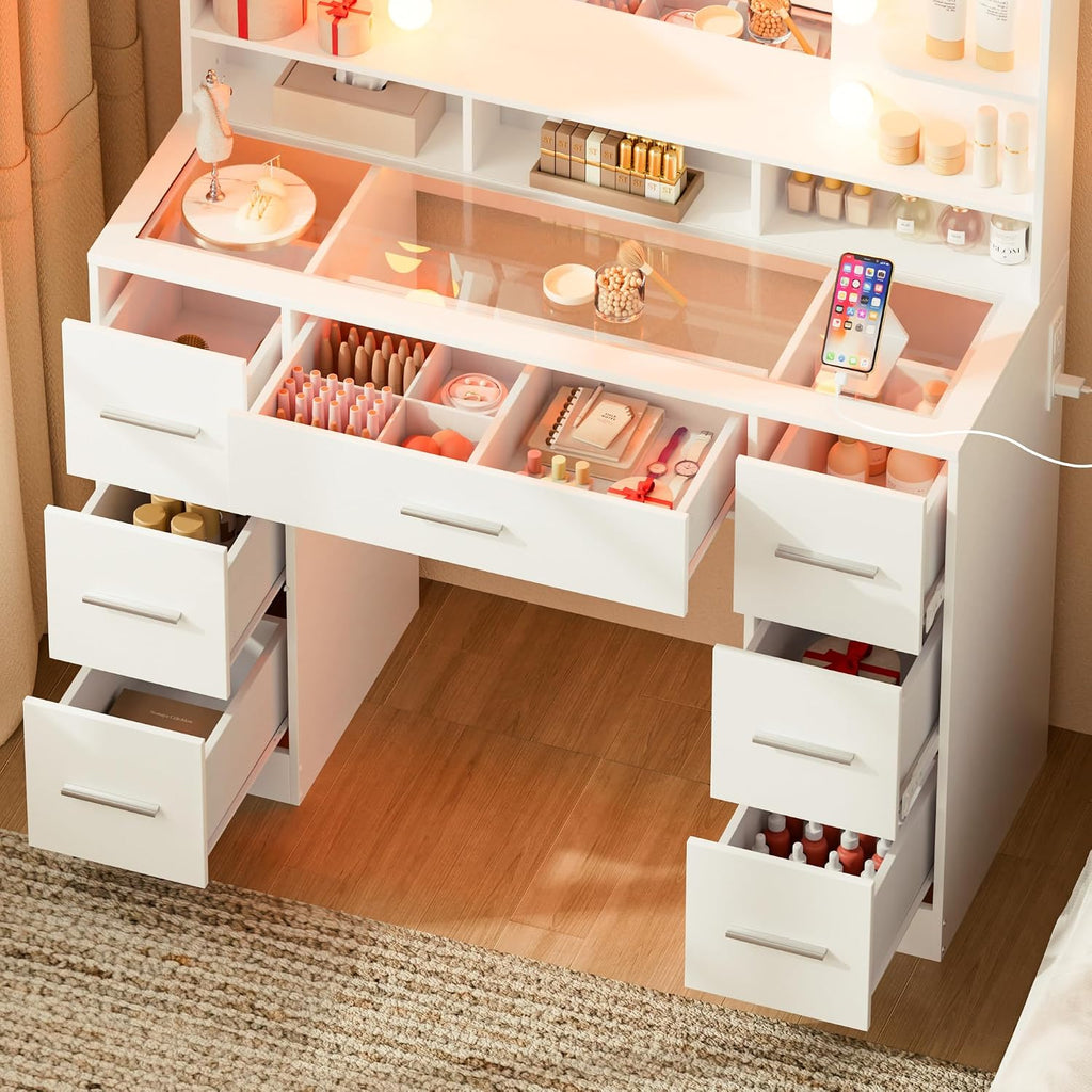 ERLEJIA Vanity Desk with Mirror and Lights, Large Glasstop Makeup Vanity Desk with 7 Drawers and Power Outlet, 6 Open Shelves, White