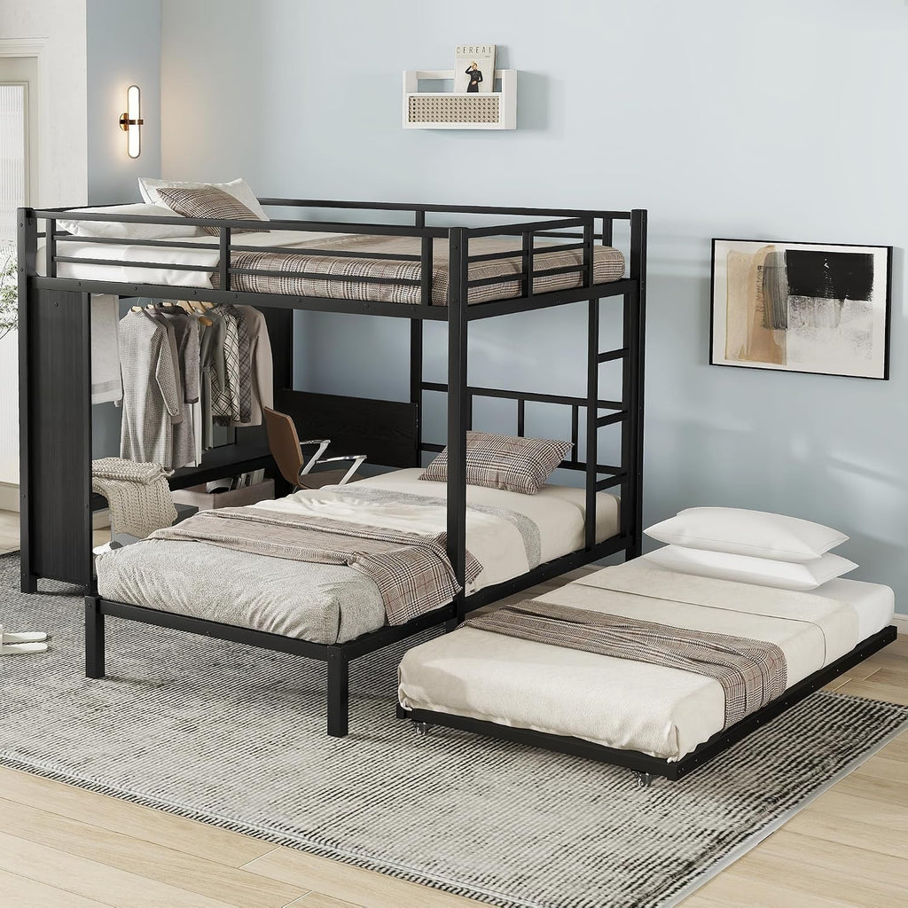 JIVOIT Metal Bunk Bed with Trundle, Full Over Twin Bunk Bed with Foldable Desk, Built-in Wardrobe, Ladders and Safety Guard, Noise-Reduced Design, Space-Saving, No Box Spring Needed