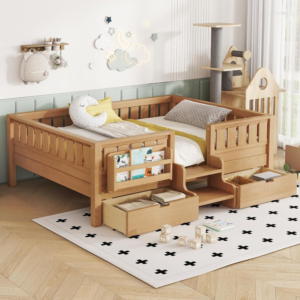 Bellemave Full Kids Montessori Bed with Stairs, Bookshelf and Drawers, Solid Wood Kids Bed Frame with Storage for Boys Girls, Low Profile,Light Natural