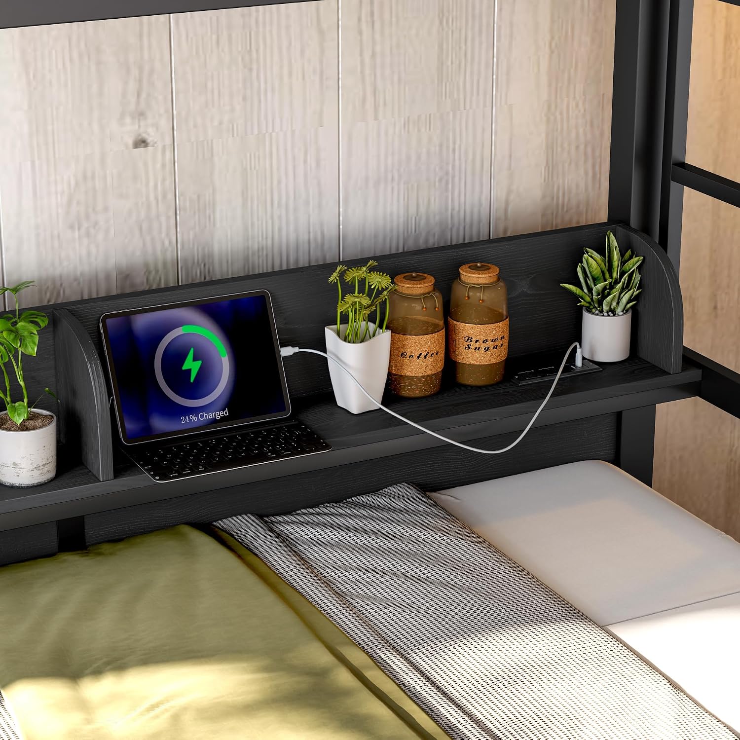 Twin Black Metal Bunk Bed with Storage Shelves and Drawers, Space-Saving Bunk Bed with Lights and USB Ports, Lower Bunkbed Can be Converted Sofa