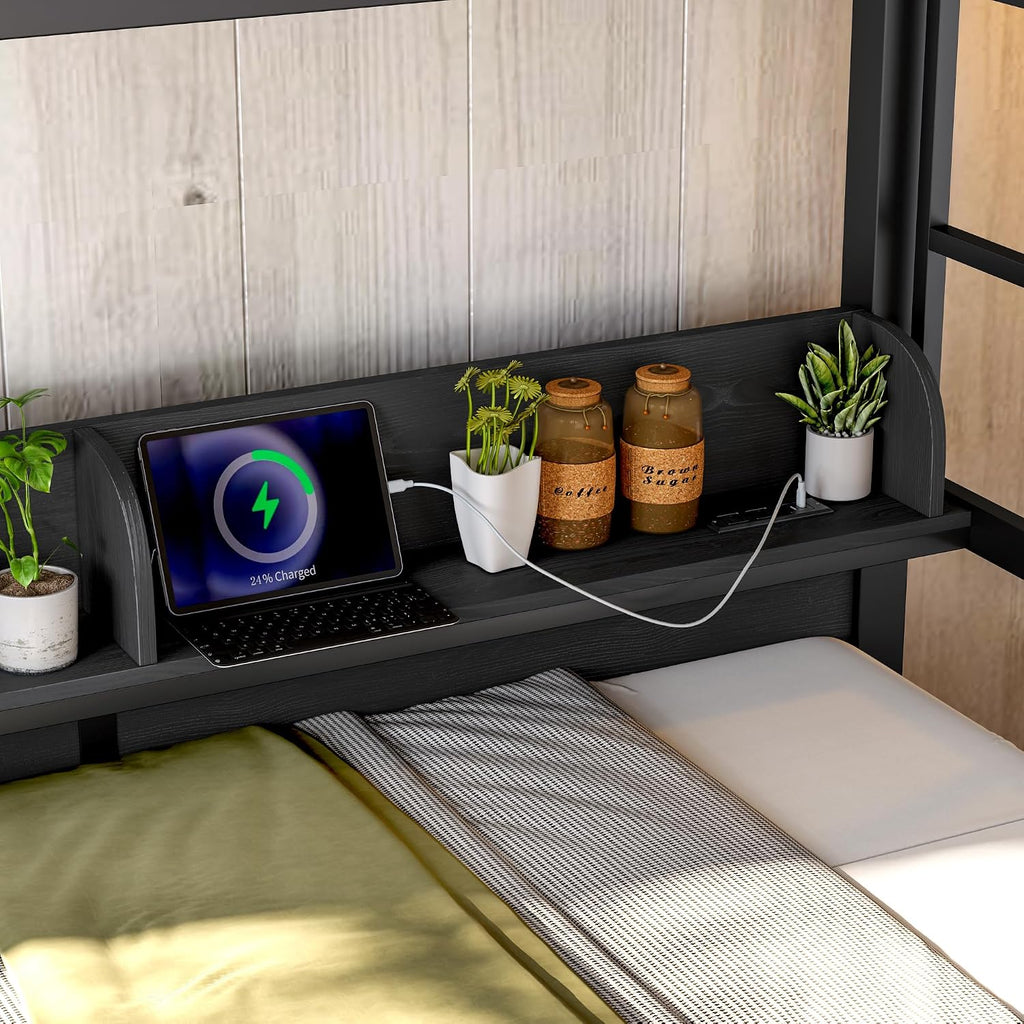 LUMISOL Twin Black Metal Bunk Bed with Storage Shelves and Drawers, Space-Saving Bunk Bed with Lights and USB Ports, Lower Bunkbed Can be Converted Sofa, Muti-Function & Noise-Free