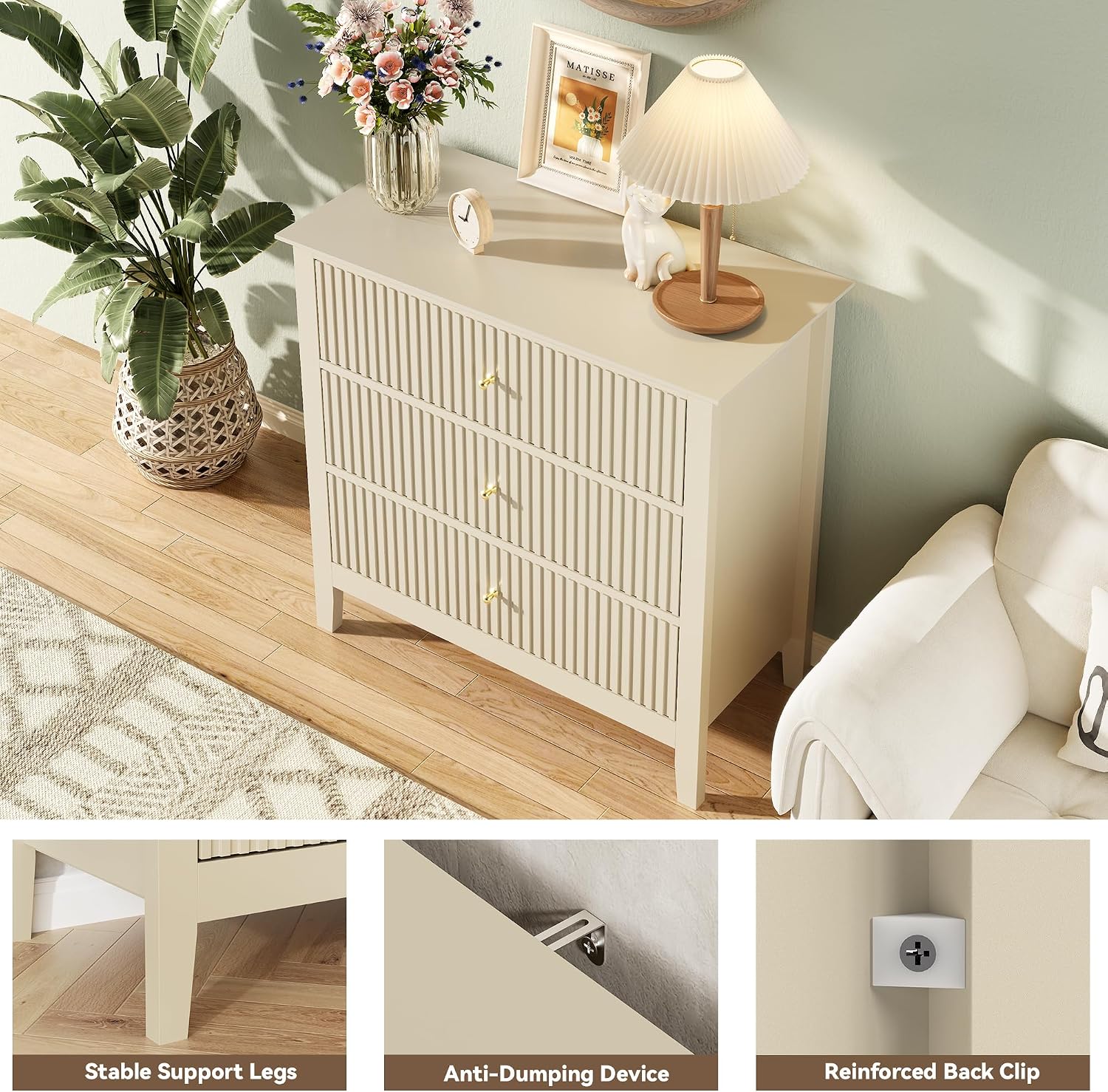 Fluted 3 Drawer Dresser Set of 2, Small Dresser Nightstand for Bedroom, Modern Wood Chest of Drawers, Wooden Dresser Nightstand with Paint Design for Closet, Hallway, Entryway, Beige