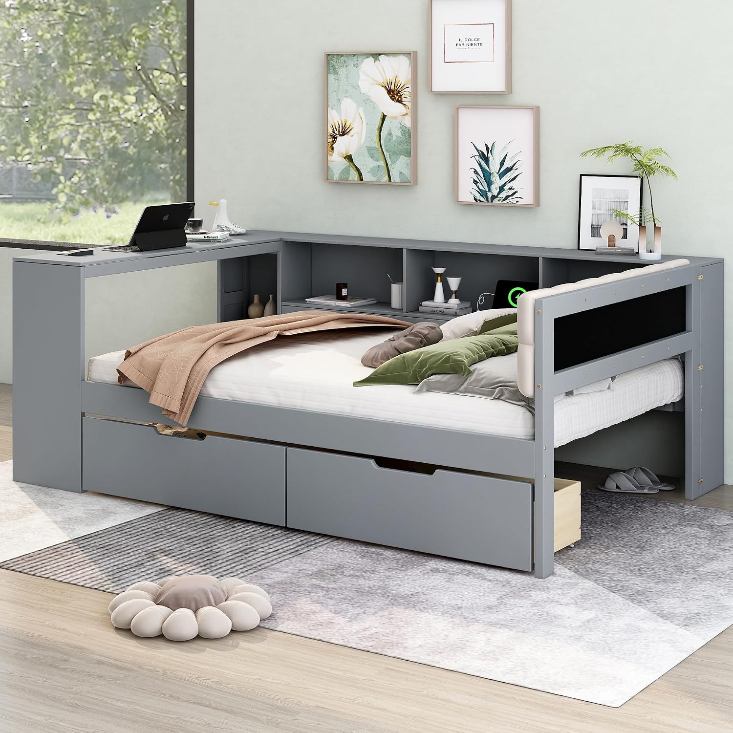 Full Size Platform Bed with Storage Shelves and Study Desk, Wood Daybed Frame with Upholstered Headboard and 2 Drawers for Office/Living Room/Bedroom, Maximize Space