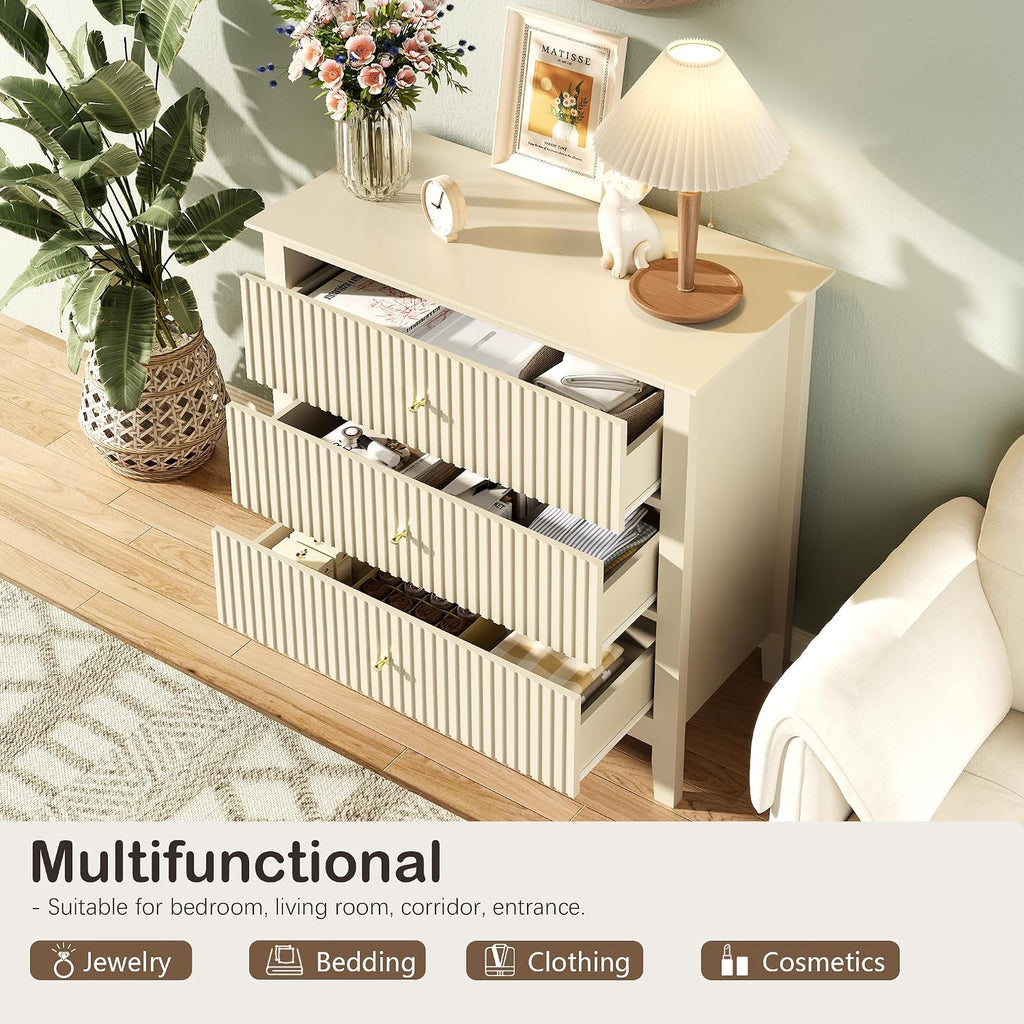 Fluted 3 Drawer Dresser Set of 2, Small Dresser Nightstand for Bedroom, Modern Wood Chest of Drawers, Wooden Dresser Nightstand with Paint Design for Closet, Hallway, Entryway, Beige
