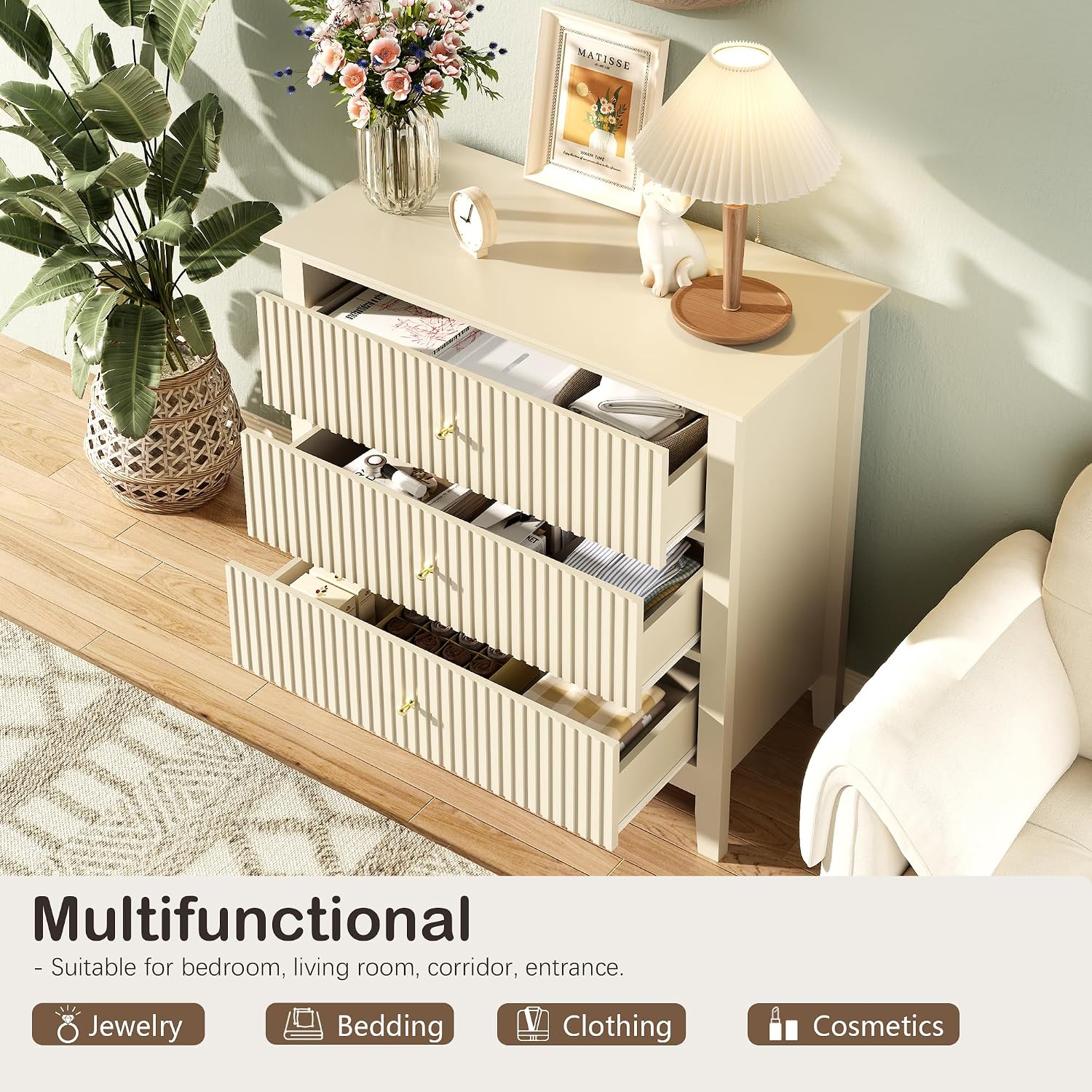 Fluted 3 Drawer Dresser Set of 2, Small Dresser Nightstand for Bedroom, Modern Wood Chest of Drawers, Wooden Dresser Nightstand with Paint Design for Closet, Hallway, Entryway, Beige