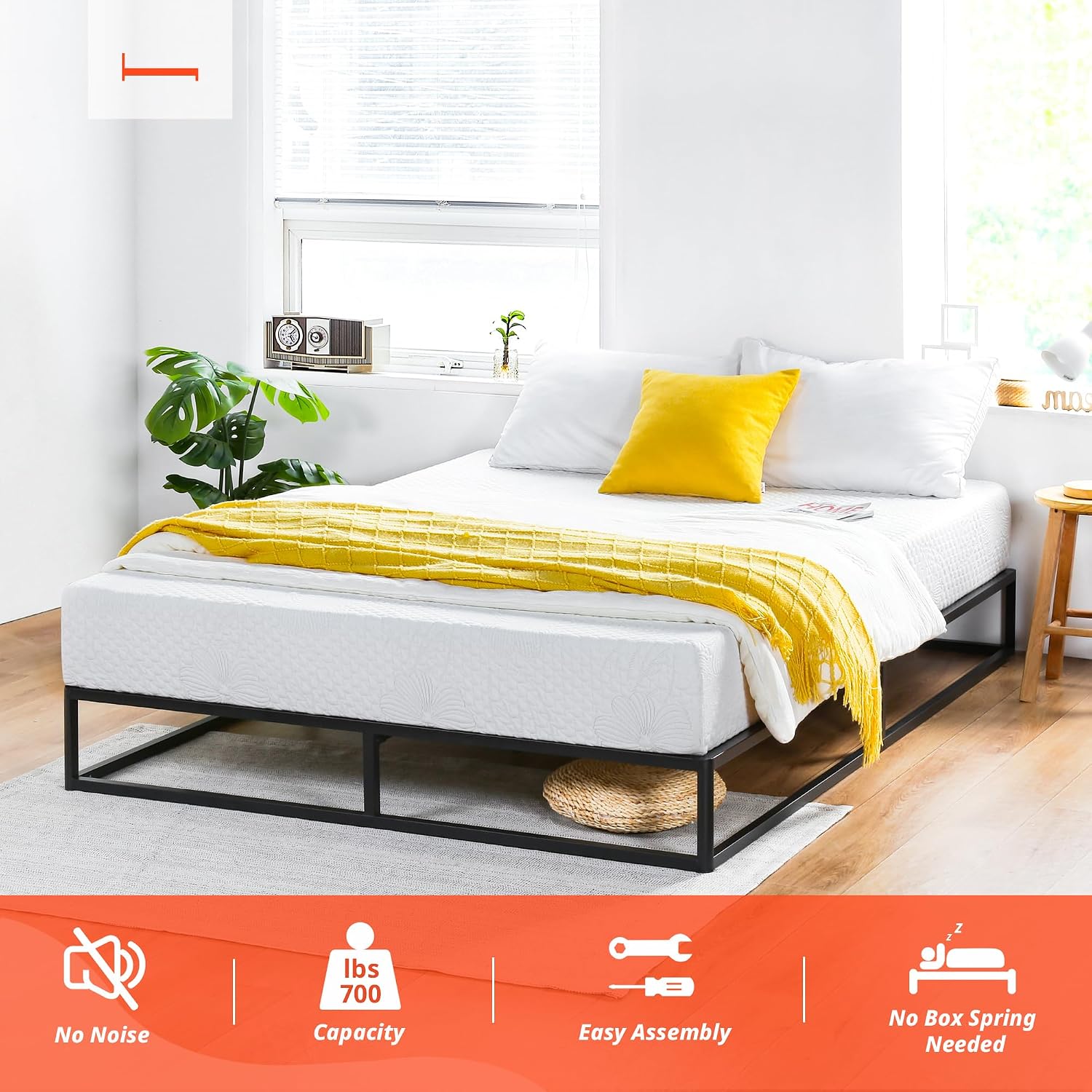PrimaSleep 9 Inch Modern Metal Platform Bed Frame, Steel Slat Anti-Slip Support, Steel Mattress Foundation, No Box Spring Needed, Black, Full Size