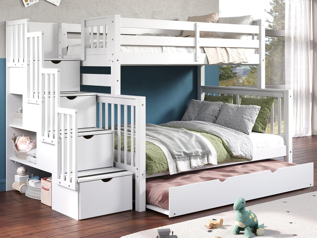 Bedz King Stairway Bunk Beds Twin Over Full, 4 Step Drawers, Twin Trundle, White