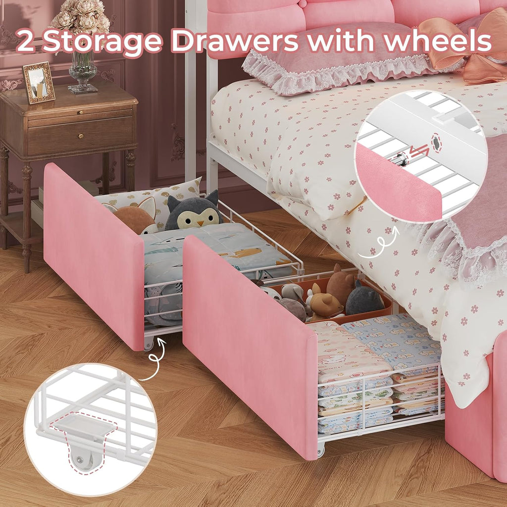 UPOSOJA Full Size Upholstered Platform Bed Frame with 2 Drawers LED Lighting, Storage Headboard and Footboard, Remote/App Control, No Box Spring Needed,Pink,(Full)