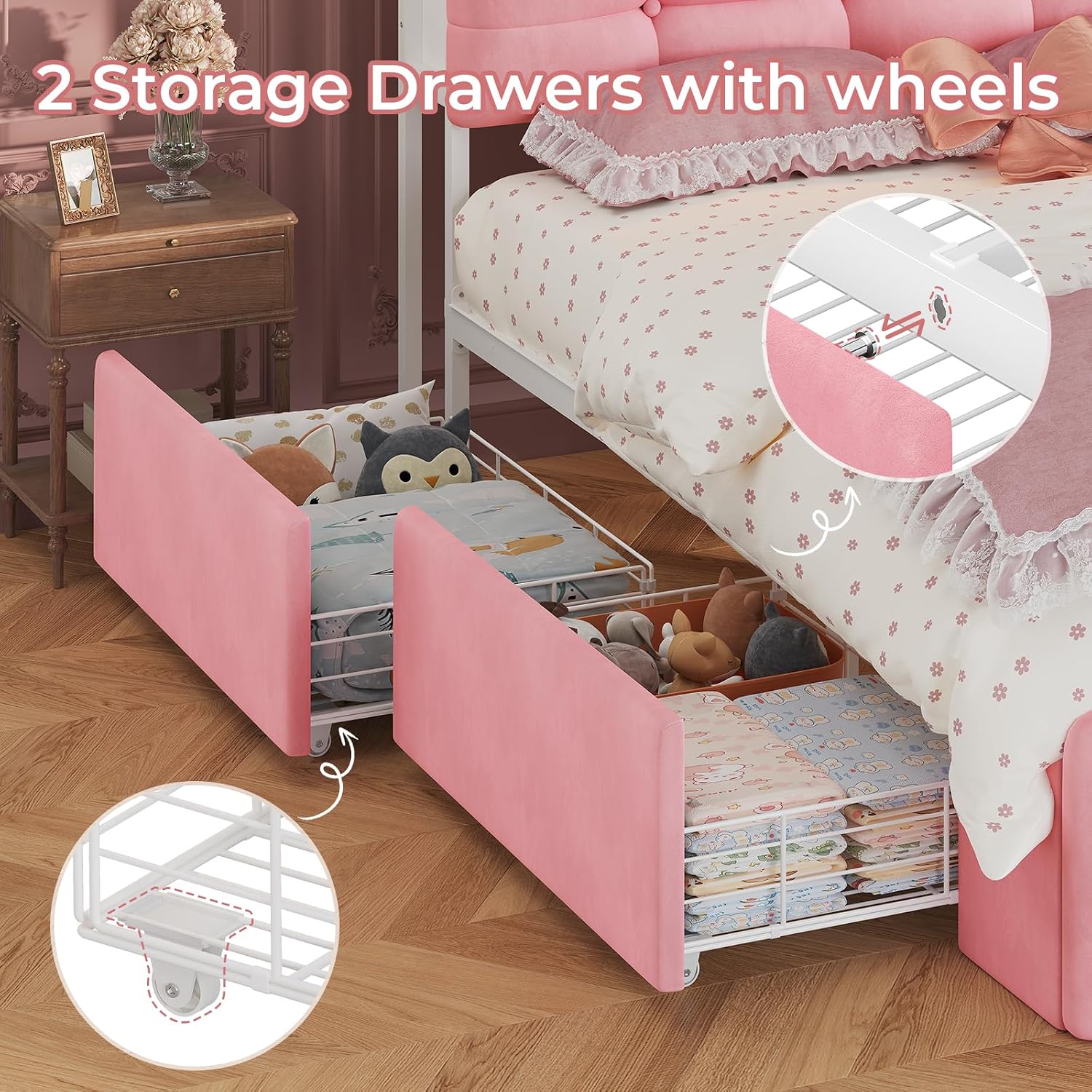 UPOSOJA Full Size Upholstered Platform Bed Frame with 2 Drawers LED Lighting, Storage Headboard and Footboard, Remote/App Control, No Box Spring Needed,Pink,(Full)