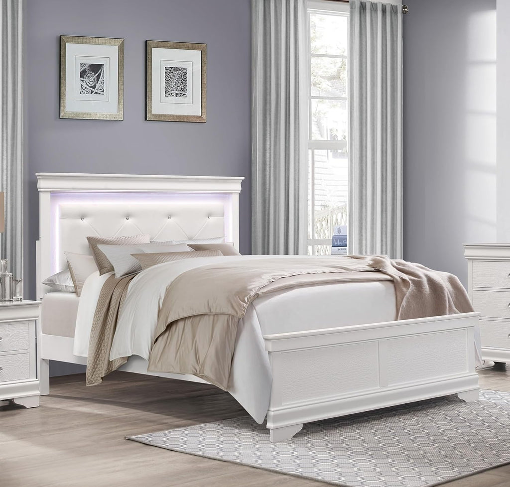 Glam 3pc Bedroom Set White Finish Queen Size LED Light Bed and Two Nightstands Alligator Texture Wooden Furniture