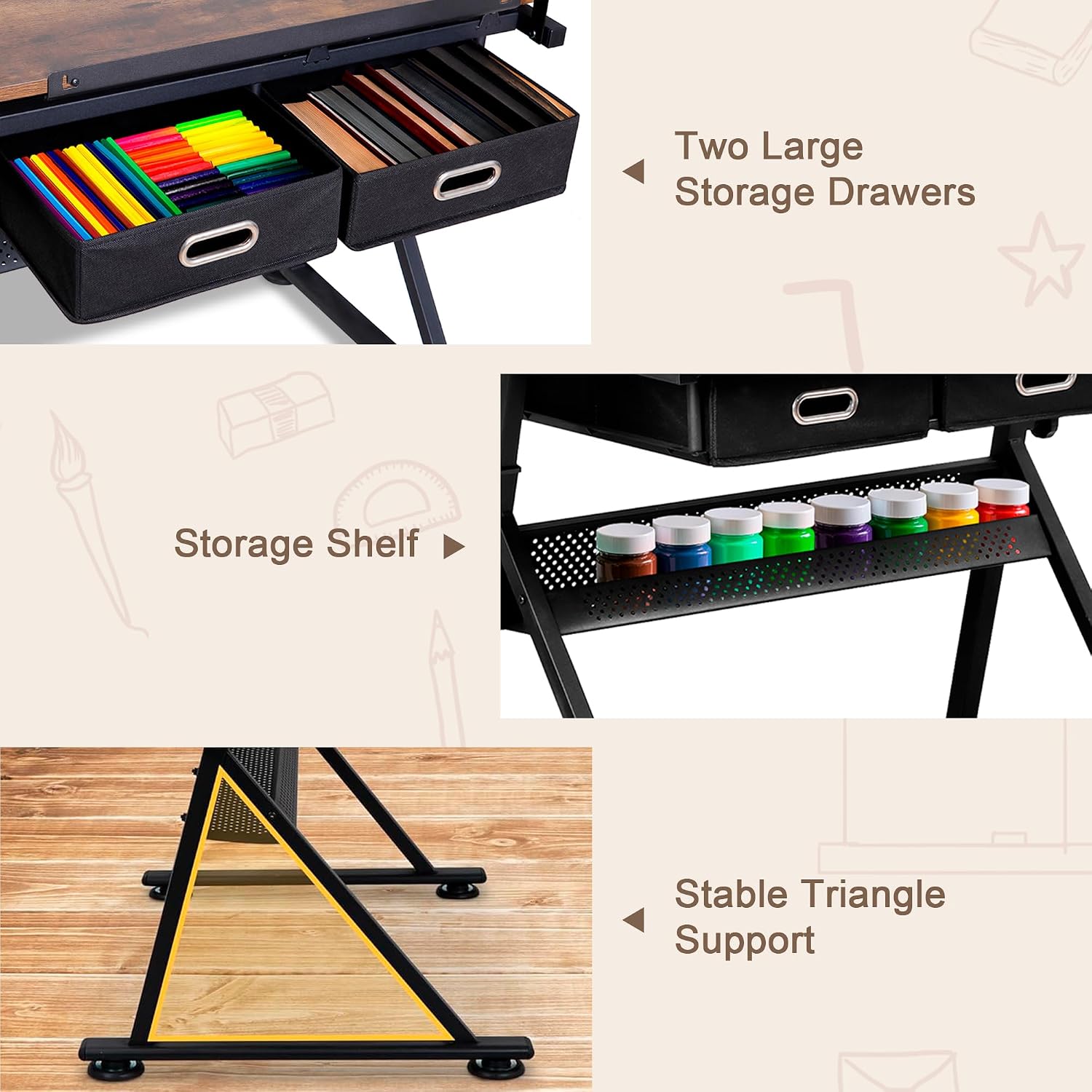 ZENY Adjustable Drafting Table with Stool, Tilting Drawing Desk Artist Table with Storage Drawers, Art Craft Workstation for Home Office Reading, Writing, Crafting