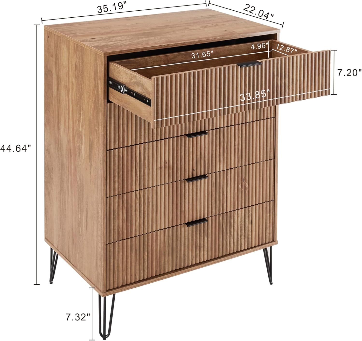 Manhattan Comfort Dumbo Modern 5-Drawer Tall Dresser and Nightstand 2.0 Set - Black Metal Accents - Vertical Ribbed Design - No Tool Assembly Storage for Bedroom & Living Room, Golden Brown