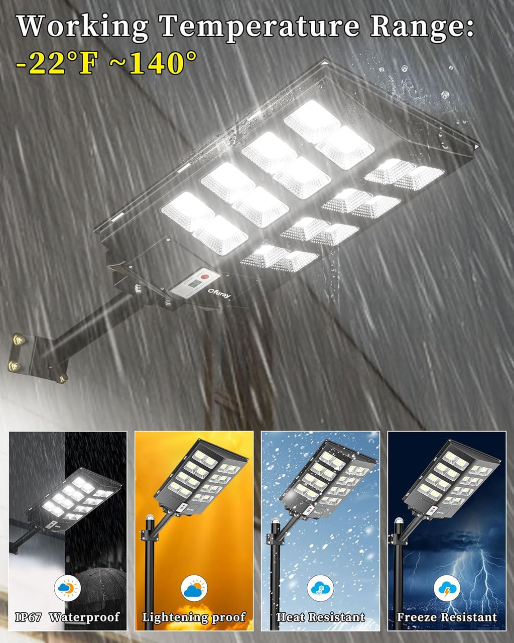 Ofuray Solar Street Lights Outdoor,Solar Security Flood Lights Parking Lot Lights Commercial Dusk to Dawn, 6500k Waterproof Led with Remote Control Motion for Street,Court,Barn (Of-2600W 268000Lm)