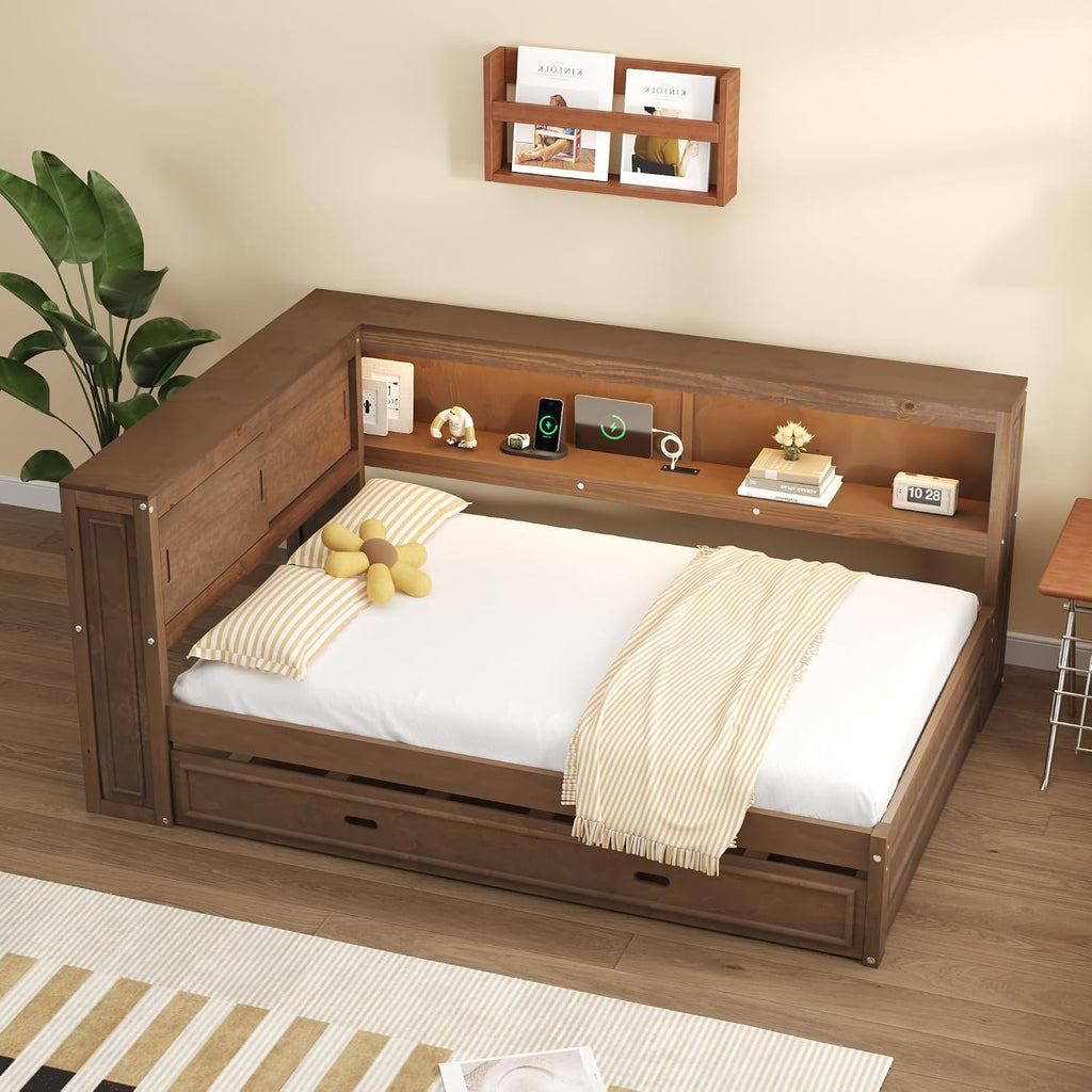Modern Full Size Daybed with Storage Shelves and Bookcase, L Shape Corner Bed with LED Lights & USB Ports, Full Wood Daybed with Trundle for Kids Teens Adults (Antique Wood-Q28)