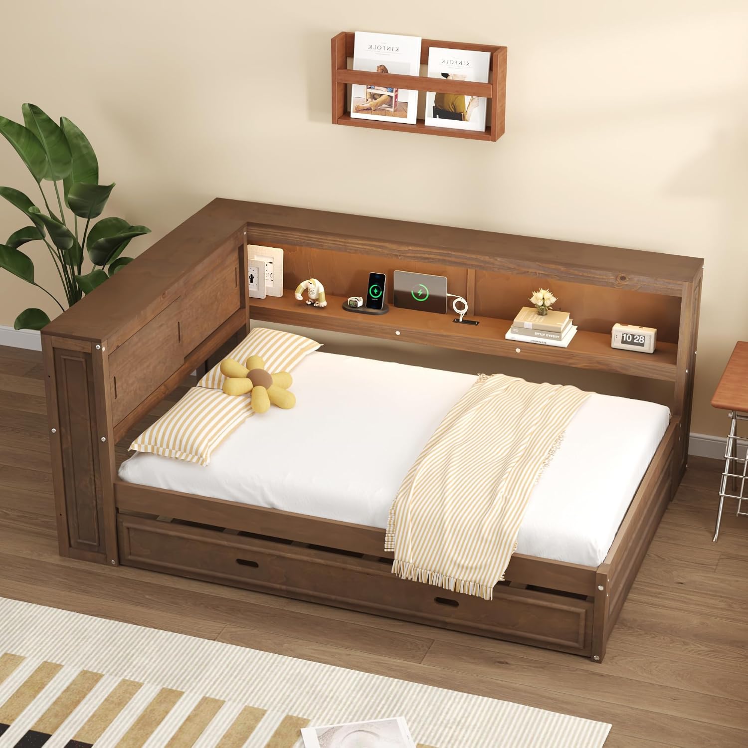 Modern Full Size Daybed with Storage Shelves and Bookcase, L Shape Corner Bed with LED Lights & USB Ports, Full Wood Daybed with Trundle for Kids Teens Adults (Antique Wood-Q28)