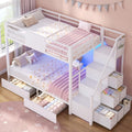 BTHFST Bunk Bed Twin Over Twin with Stairs, LED Lights Twin Bunk Bed with 2 Storage Drawers & 6 Fabric Drawers, Metal Twin Loft Beds with Guardrail & Stairs, Space Saving, Sturdy Frame for Teens