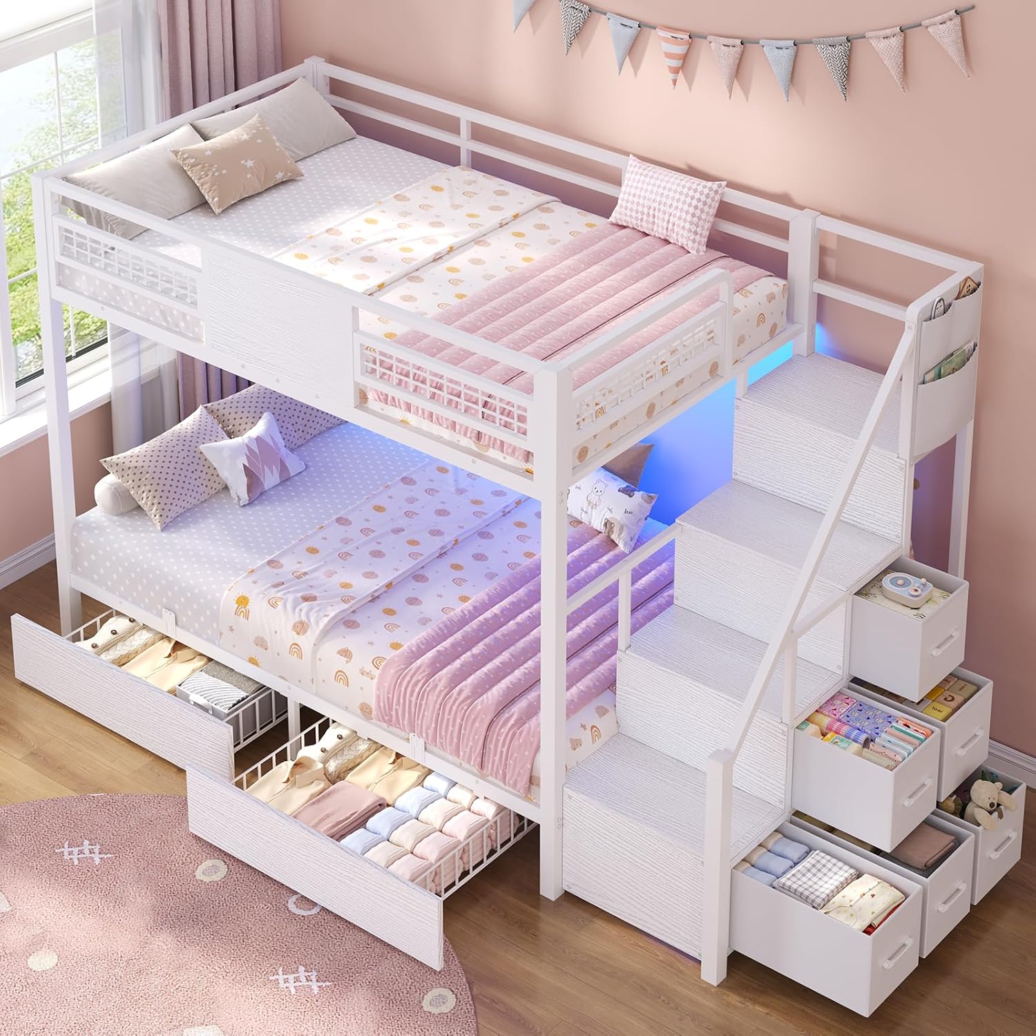 BTHFST Bunk Bed Twin Over Twin with Stairs, LED Lights Twin Bunk Bed with 2 Storage Drawers & 6 Fabric Drawers, Metal Twin Loft Beds with Guardrail & Stairs, Space Saving, Sturdy Frame for Teens