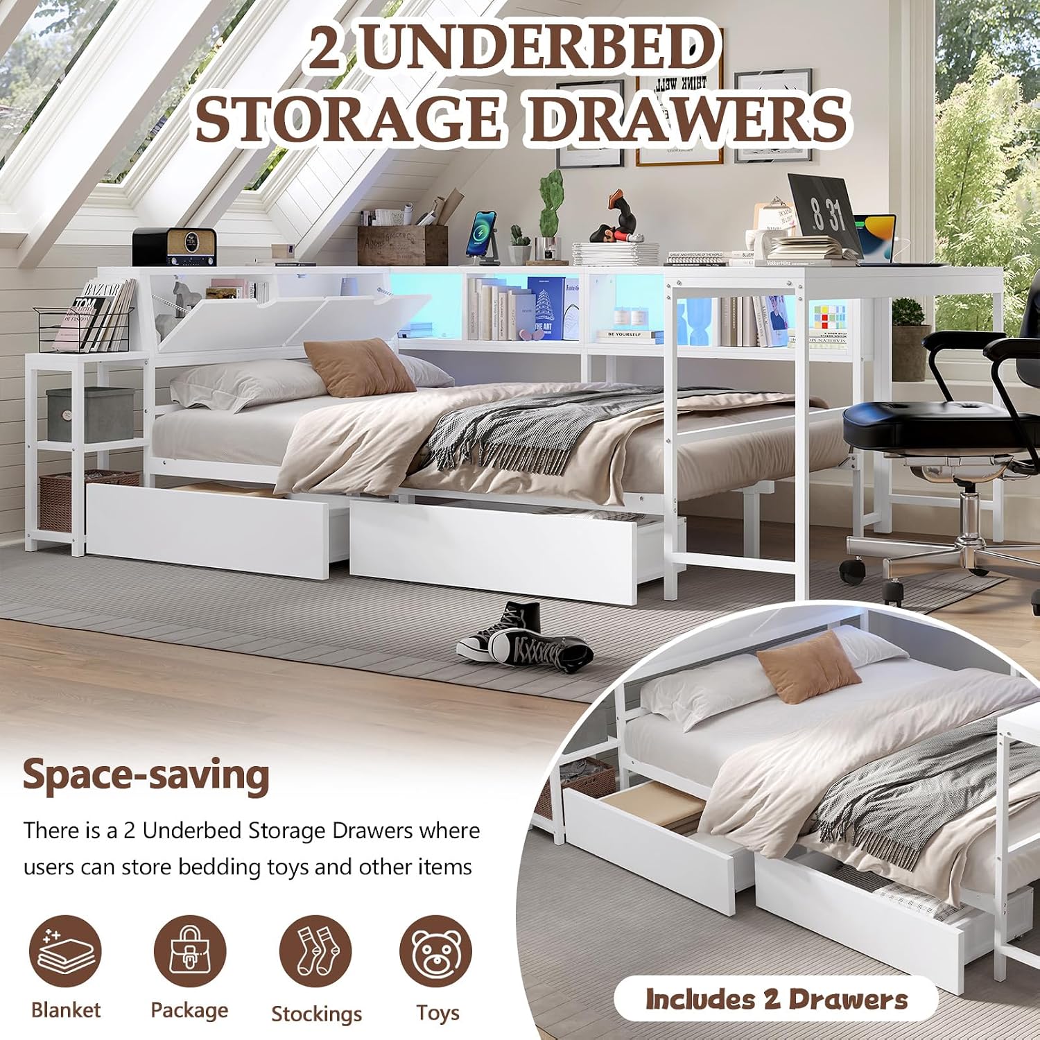Full Corner Bed Frame with Storage Drawers, Modern Metal Day Bed Frame & L Shaped Bedframe with Led Lights/Charging Station/Bookcase/Desk (White, Queen)