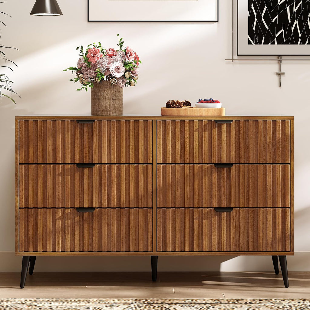 Fluted Dresser for Bedroom, 47'' Wide Modern Chest of Drawers, 6 Drawer Dresser TV Stand, Natural Wood Drawer Organizer for Bedroom, Living Room, Hallway, Walnut