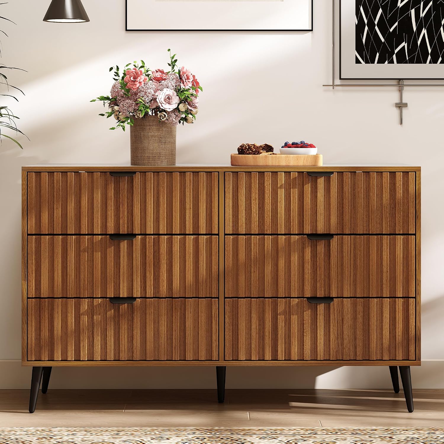 Fluted Dresser for Bedroom, 47'' Wide Modern Chest of Drawers, 6 Drawer Dresser TV Stand, Natural Wood Drawer Organizer for Bedroom, Living Room, Hallway, Walnut