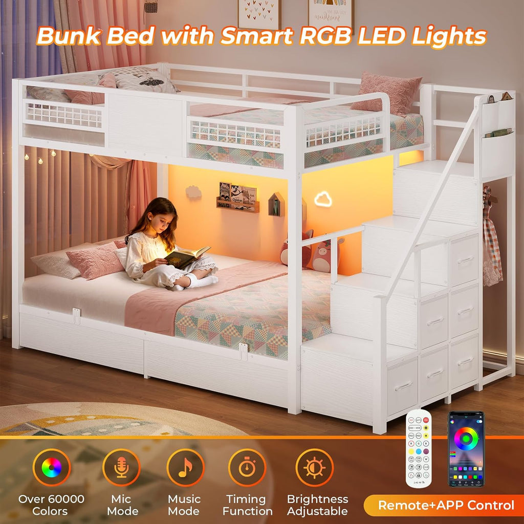 BTHFST Bunk Bed Twin Over Twin with Stairs, LED Lights Twin Bunk Bed with 2 Storage Drawers & 6 Fabric Drawers, Metal Twin Loft Beds with Guardrail & Stairs, Space Saving, Sturdy Frame for Teens