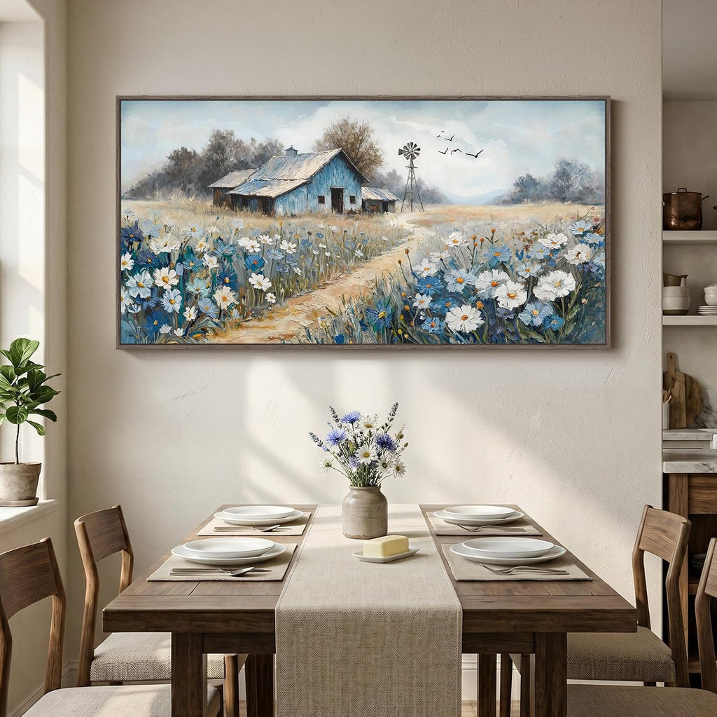 Large Framed Farmhouse Canvas Wall Art for Living Room, Vintage Rustic Barn Horizontal Canvas Prints, Country Blue Floral Wall Decor for Bedroom Dining Room Hallway 30x60 Inch