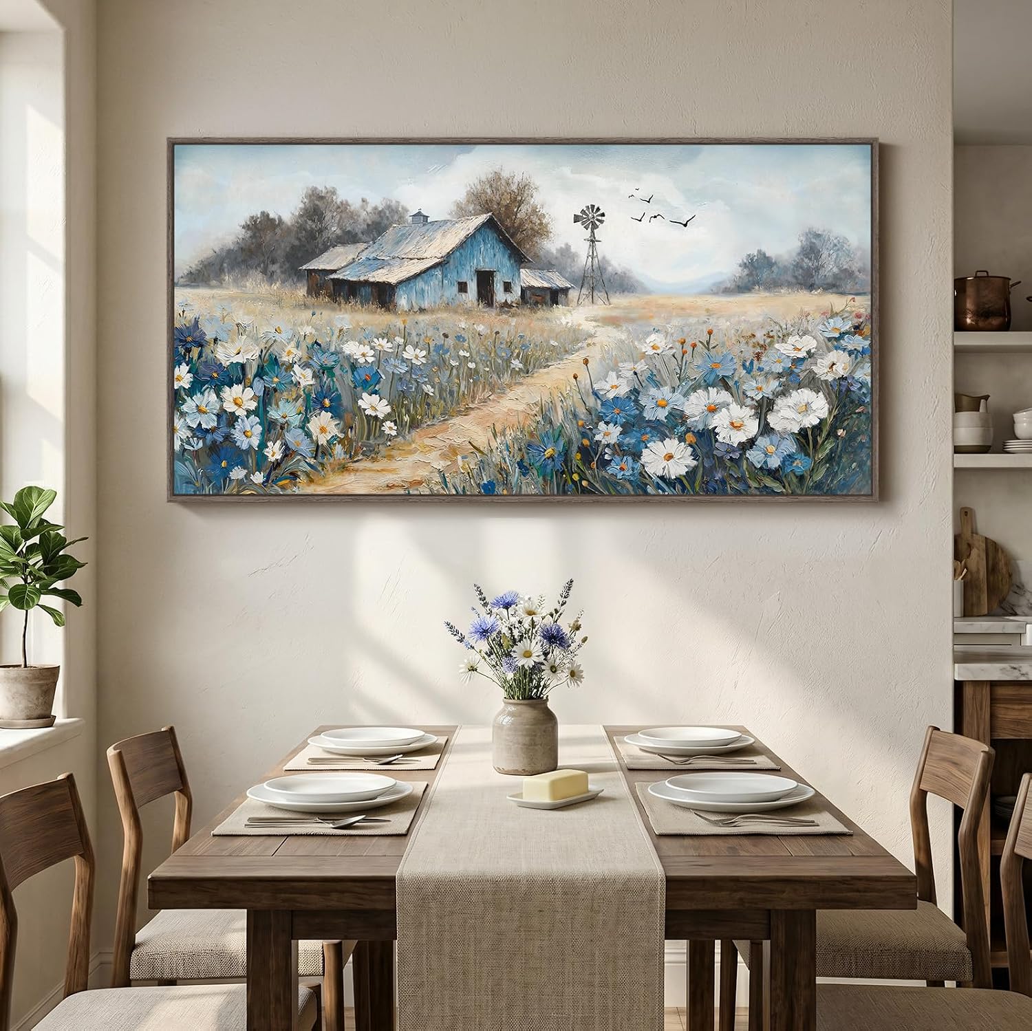 Large Framed Farmhouse Canvas Wall Art for Living Room, Vintage Rustic Barn Horizontal Canvas Prints, Country Blue Floral Wall Decor for Bedroom Dining Room Hallway 30x60 Inch