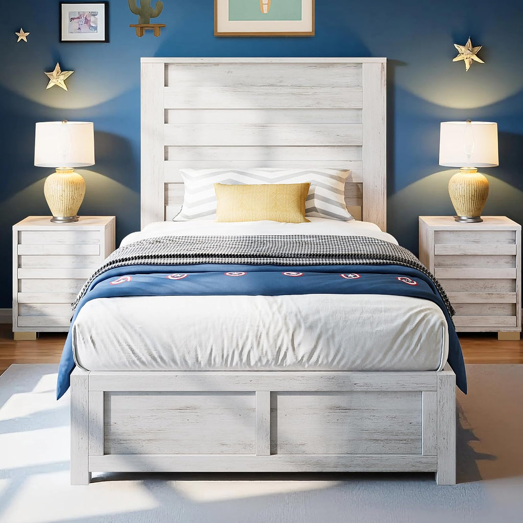 LUXOAK Twin Farmhouse Bed Frame with 49' Fluted Headboard, Wooden Platform Bed with Natural Grain, Noise-Free, No Box Spring Needed, Distressed White