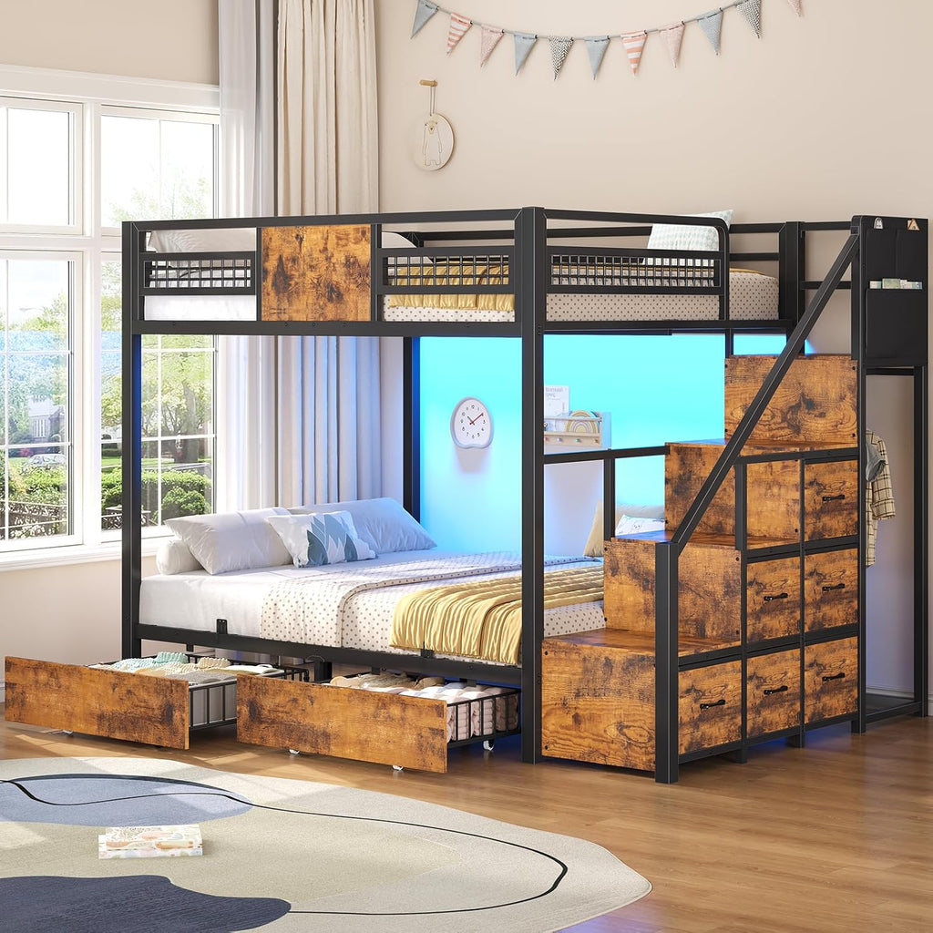 BTHFST Bunk Bed Full Over Full with Stairs, LED Lights Full Bunk Beds with 2 Storage Drawers & 6 Fabric Drawers, Metal Full Loft Beds with Safety Guardrail & Stairs, Space Saving, Rustic Brown