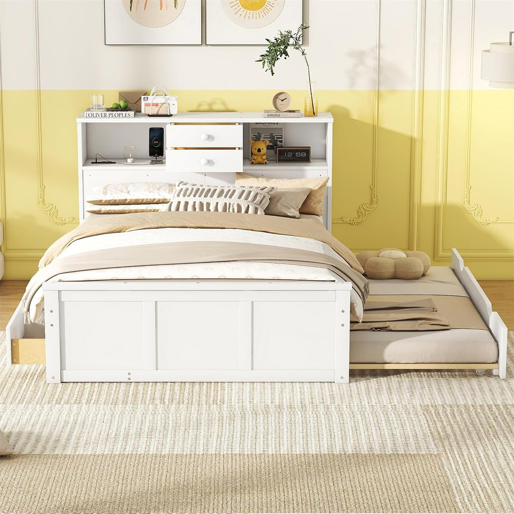 Full Size Wooden Platform Bed Frame with 3 Drawers, Upper Shelves, Twin Size Trundle and a set of USB Ports & Sockets, No Box Spring Needed, Easy to Assemble, Bedroom Furniture, Noise-Free, White