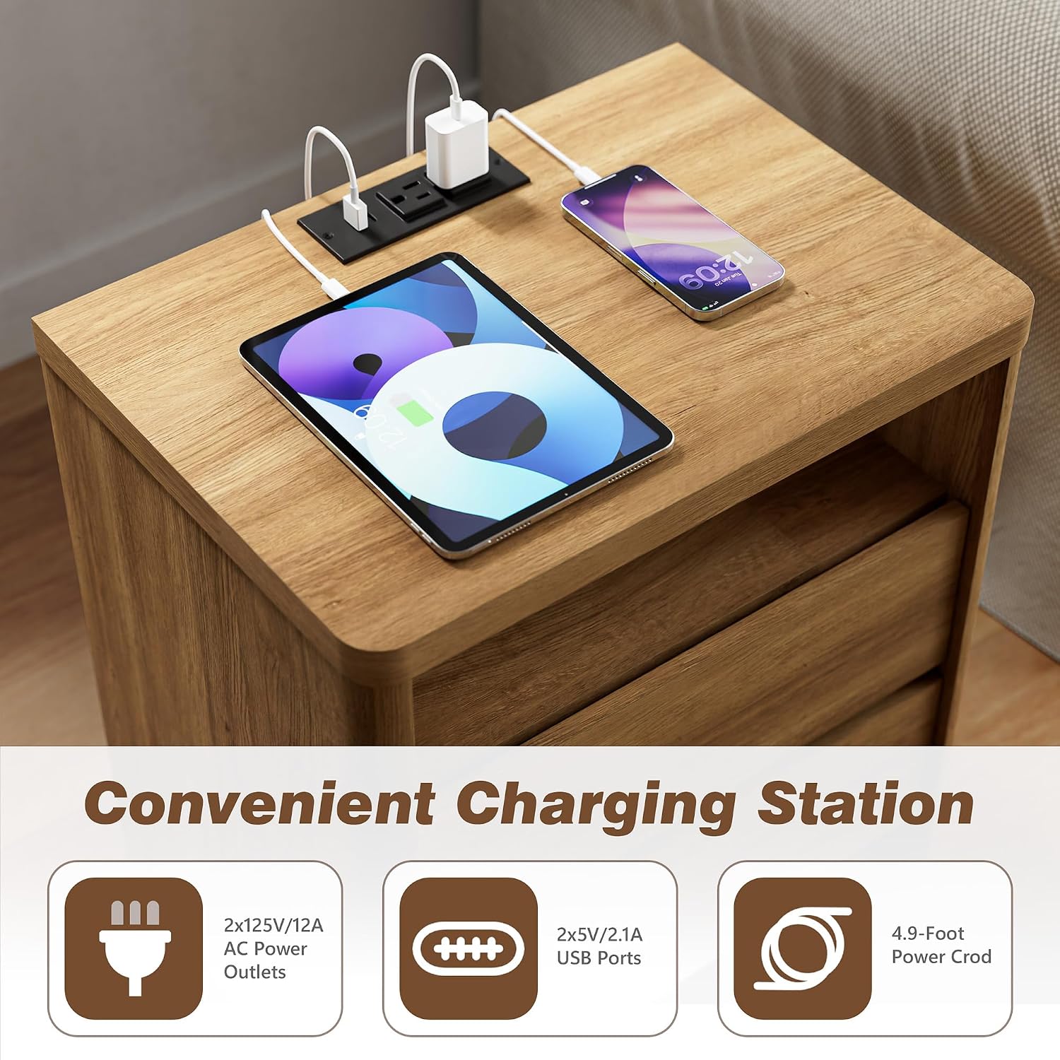 3 Pieces Bedroom Set, 55 Inch Width 7-Drawer Dresser & 2-Drawer Nightstands Set of 2,Nightstand with USB&Type C Charging Station&Outlets,Modern Design for Bedroom, Natural Oak