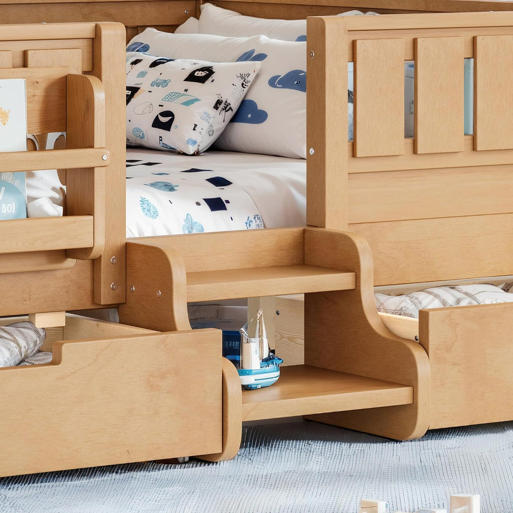 Bellemave Full Kids Montessori Bed with Stairs, Bookshelf and Drawers, Solid Wood Kids Bed Frame with Storage for Boys Girls, Low Profile,Light Natural