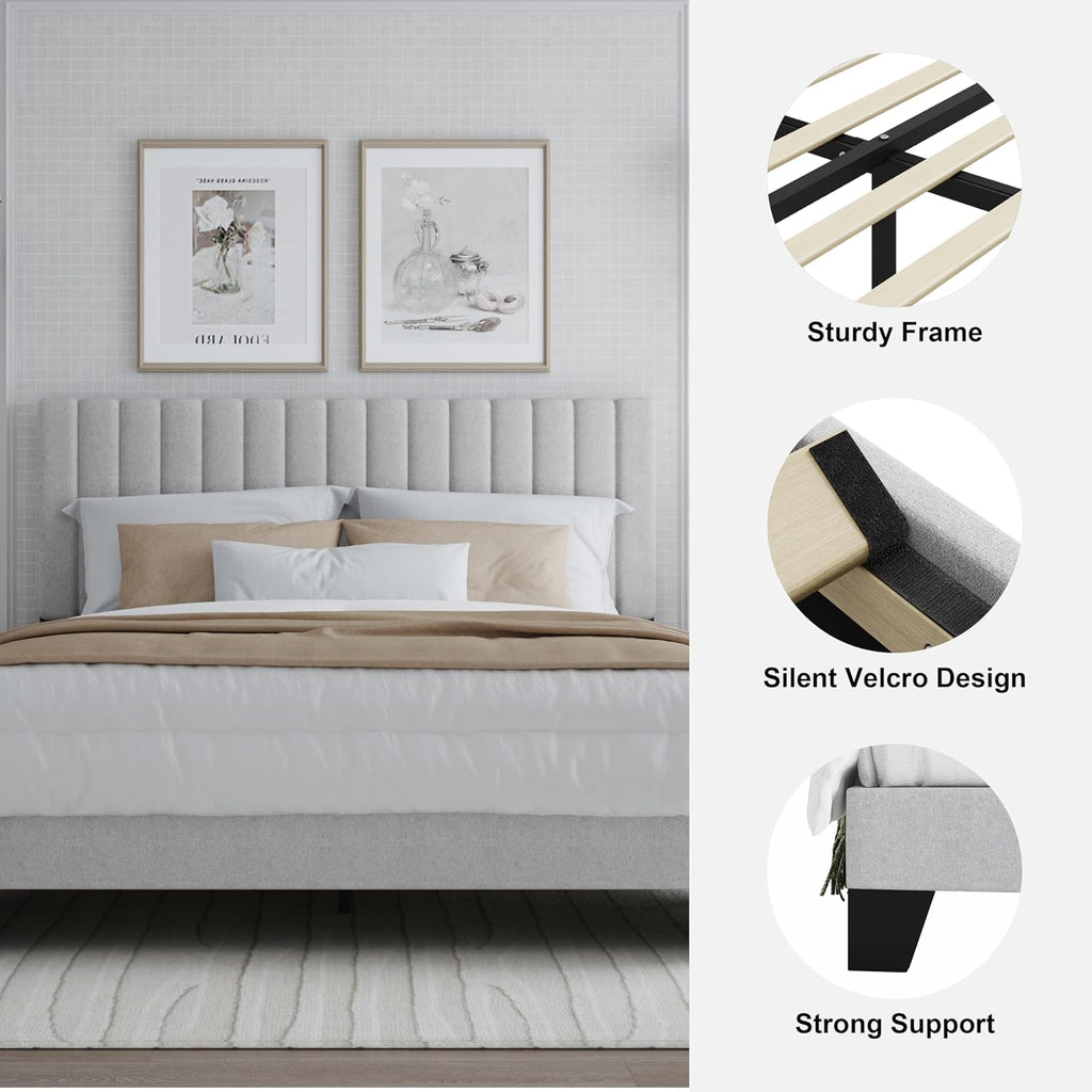 Twin Bed Frame, Fabric Upholstered Platform Bed Frame with Adjustable Headboard, Vertical Quilted Design, Sturdy Slatted Mattress Base, Easy to Assemble, Light Gray