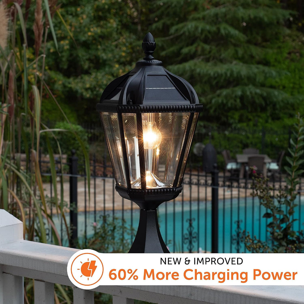 Gama Sonic Outdoor Solar Post Light with Pier Base, Black Aluminum and Beveled Glass, Royal Bulb 150 Lumens Warm White LED, Mount on Column, Pillar, or Flat Exterior Surface (98B011) (Upgraded)